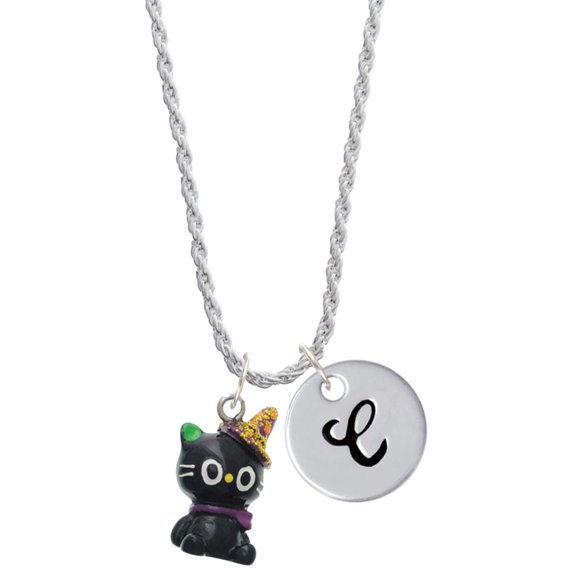 Delight Jewelry Resin Black Kitty Cat with Witch Hat Silvertone Script Initial Disc - C - Charm Necklace, 20"+3"