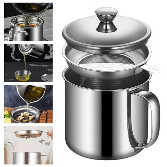Grease Container with Fine Mesh Strainer kitchen oil storage tank pot (1.3L Stainless Steel 410)