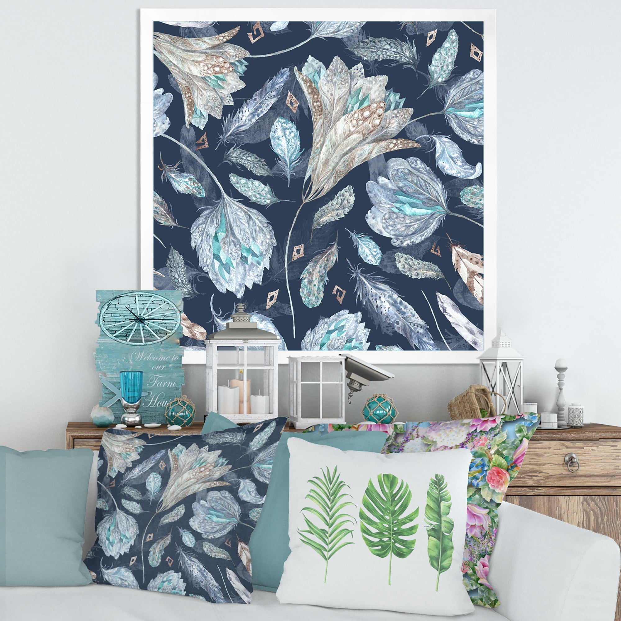 Designart 'Navy Blue Botanical Pattern With Feathers' Traditional Framed Art Print