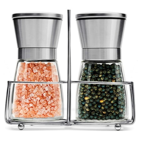 Salt and Pepper Grinder Set with Stand - Adjustable Coarseness & Ceramic Mechanism - Stainless Steel & Glass - Salt and Pepper Shakers Mill - Ideal for