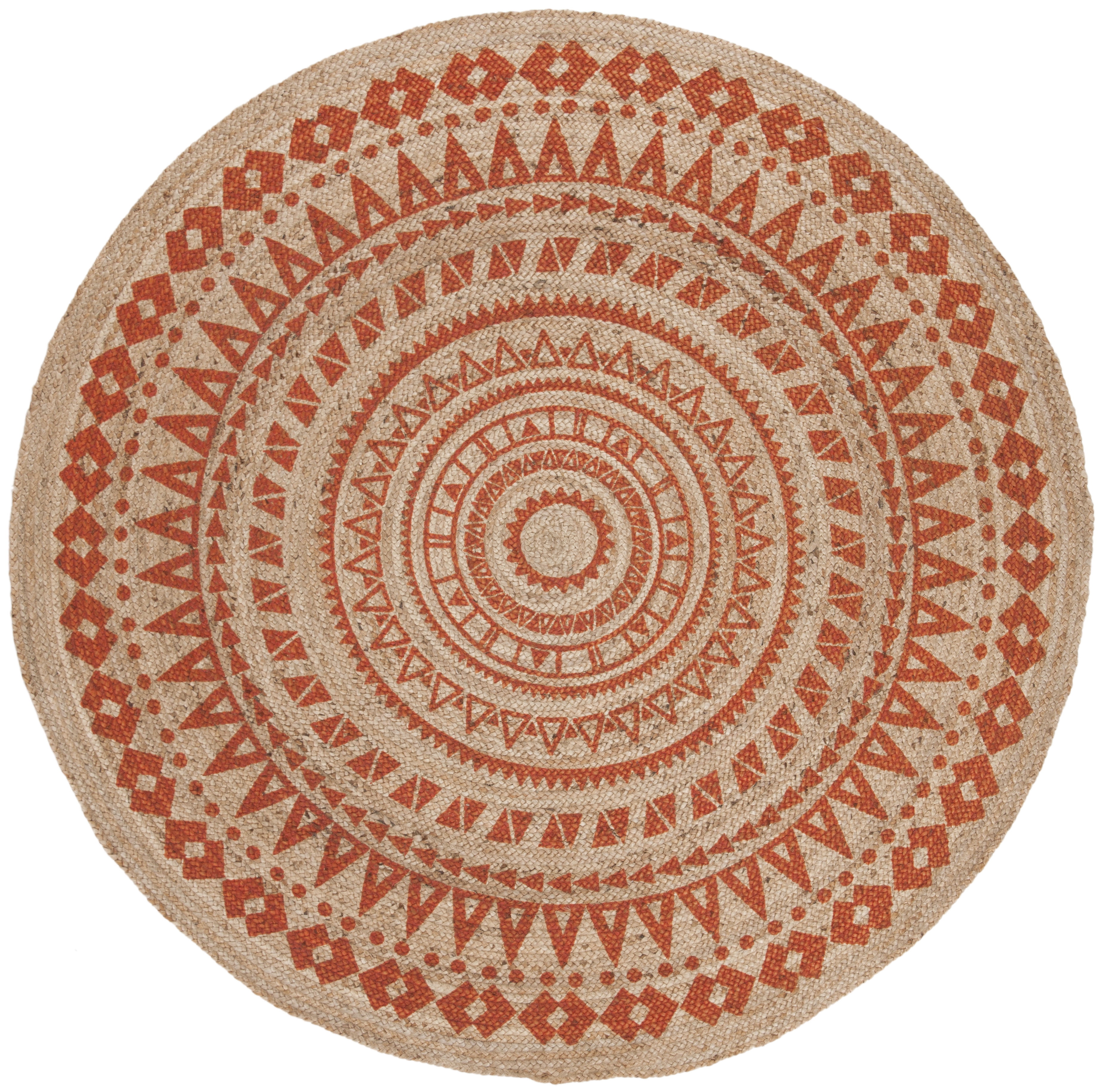 SAFAVIEH Natural Fiber Zoolander Geometric Jute Area Rug, Orange/Natural, 5' x 5' Round