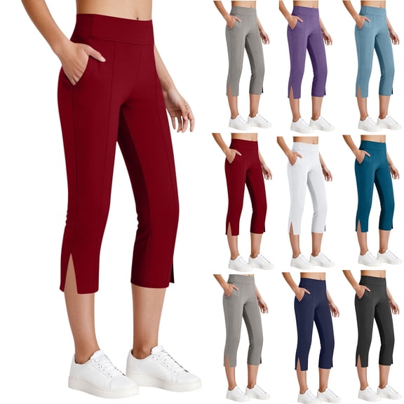 Capri Leggings Women Soft Stretch Yoga Pants with Slits High Waisted Trendy Front-Seam Workout Capris S-2XL (XL, Wine)