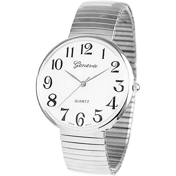 Rosemarie Collections Women's Large 1.5 Inch Round Geneva Stretch Band Watch (Large Face/Silver Tone)