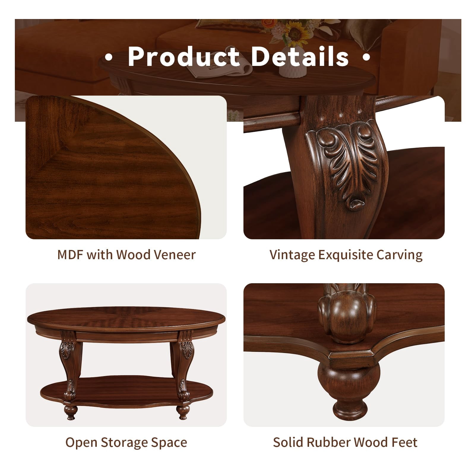 LKTART 3-Piece Vintage Oval Coffee Table Set - Cherry Wood Table with Carved Legs for Living Room & Office