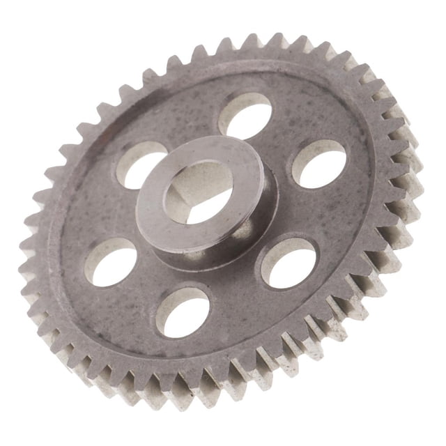engranaje principal de transmisión yotijar 44t 02041 metal diff plateado para hsp 1:10 rc, primer plano de engranaje circular de metal plateado con 44 dientes, cinco orificios circulares en el plato y bocina central hundida, diámetro 45 mm, acabado texturizado; también usado habitualmente como repuesto de diferencial para modelos HSP 94122/94102.