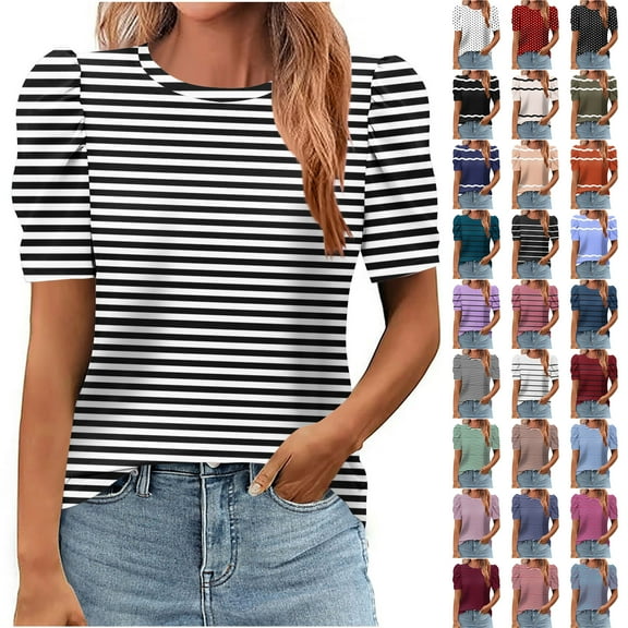 JTZGDY Womens Summer Tops Casual Puff Short Sleeve Striped/Polka Dot Print Crewneck Tunic Blouse Trendy Oversized Graphic T-Shirts Fashion 2025 Clothes Red XXL