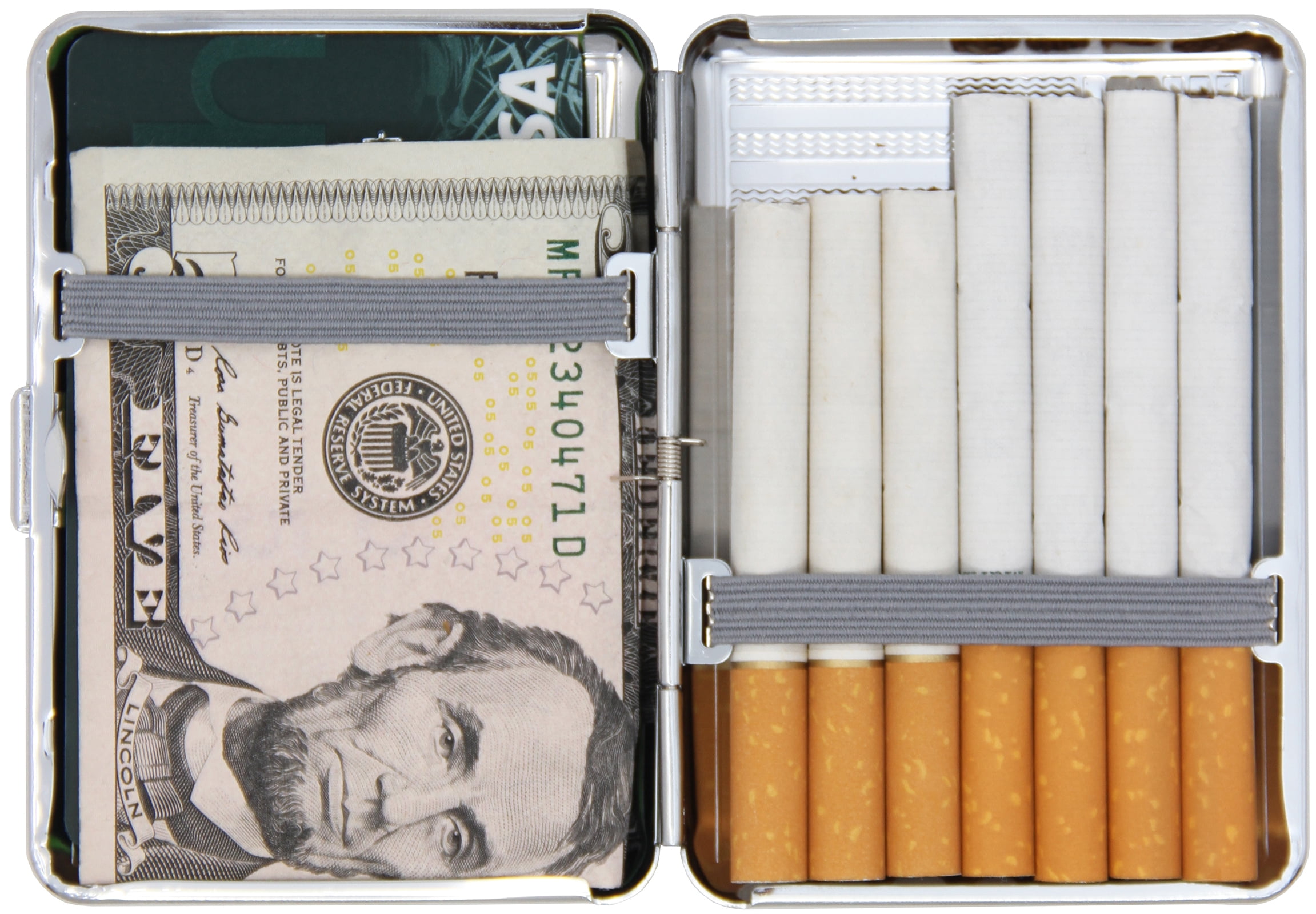 Set of 2 Compact Metal-Plated King Size Cigarette Case With Elastic Bands (Silver Waves)