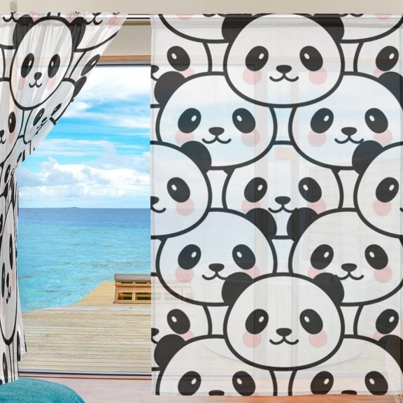 Splicing Pattern Cartoon Panda Pattern Semi Sheer Curtains Window Voile Drapes Panels Treatment-55X84in for Living Room Bedroom Kids Room