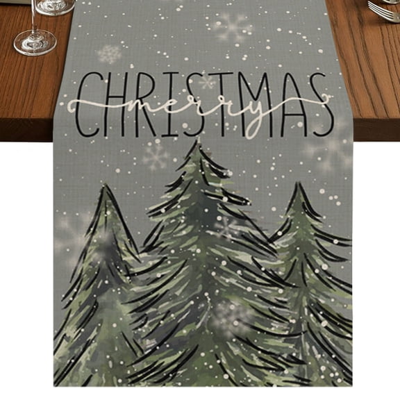 Christmas Tree Table Runner 108 Inches Long, Cotton Linen Table Runner Dresser Scarf, Xmas Tree Winter Snowflake Grey Rustic Fabric Tablerunners for Dining Tables Wedding Holiday Party 13"x108"