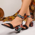 thumbnail image 5 of Sandals for Women Open Square Toe Heels Boho Print Chunky Block Heeled Ankle Strap Pumps Casual Beach Shoes Black Size 9, 5 of 7