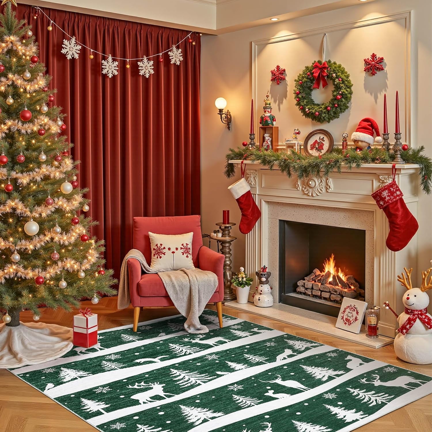 Garvee 9x12 ft Christmas Rug, Washable Non Slip Low Pile Carpet, Xmas Tree Reindeer Snowflake Indoor Rug for Entryway, Kitchen, Living Room, Green