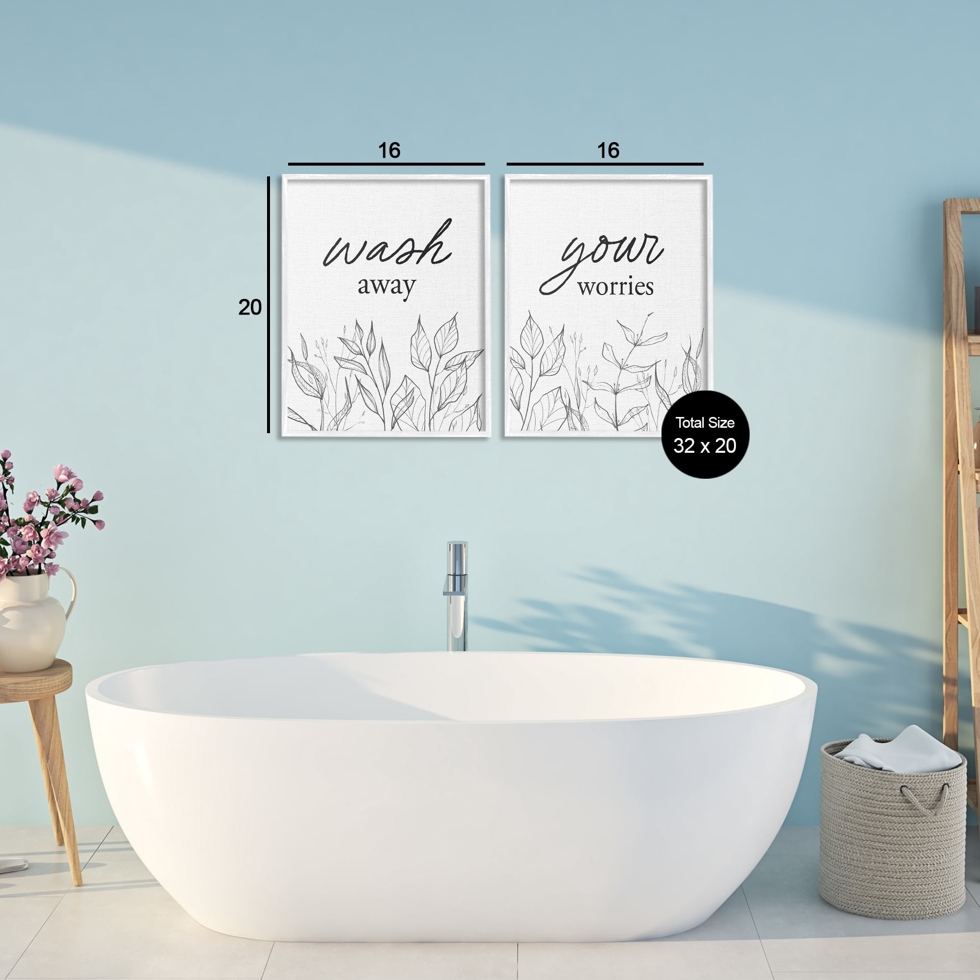 Wash Away Worries Minimalist Leaves 2 Piece White Framed Giclee Art Set, design by Lettered and Lined