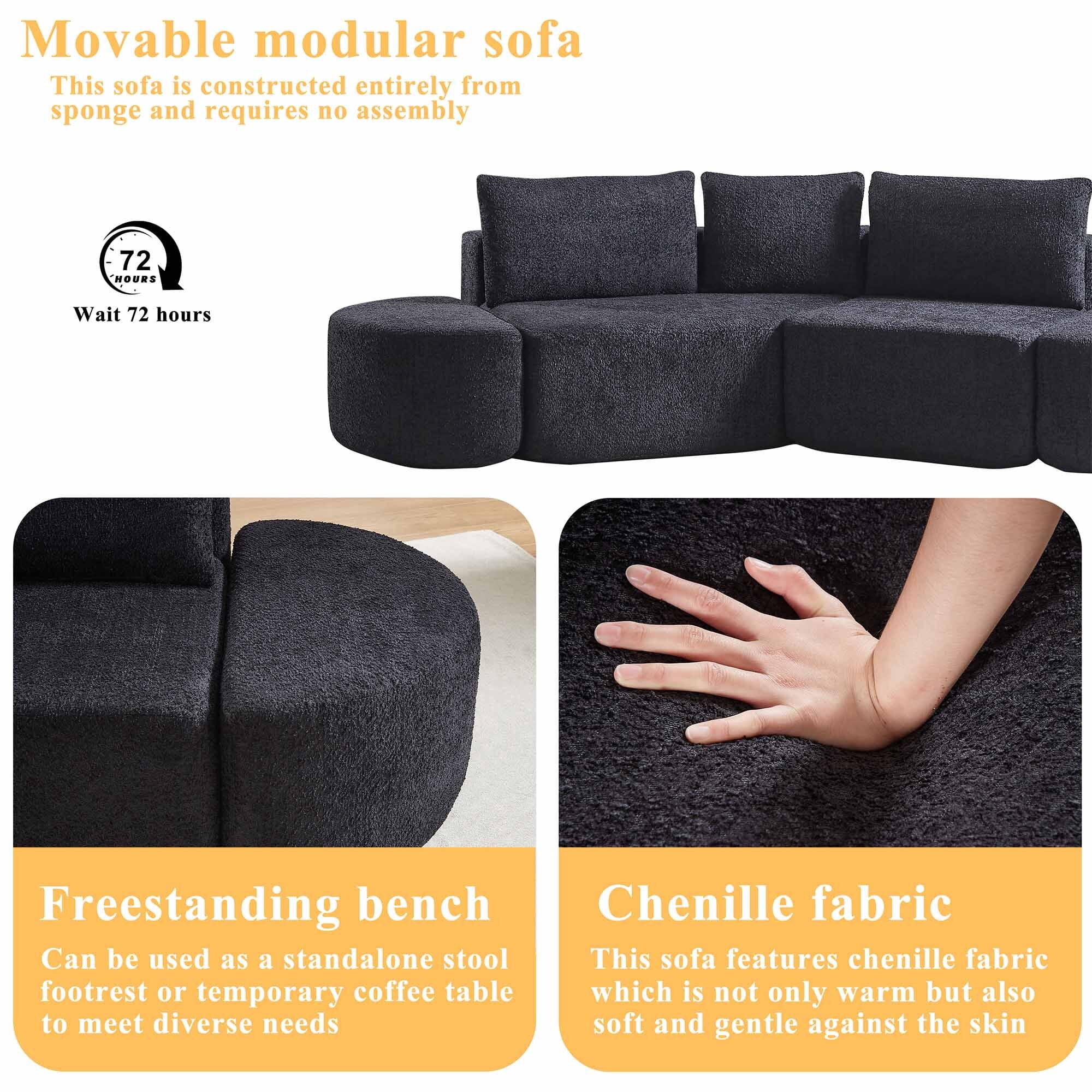 Lunale 106" Oversized Modular Sectional Sofa with 2 Curved Movable Ottomans,Boneless Cloud Couch for Living Room, Black (Left Chaise)