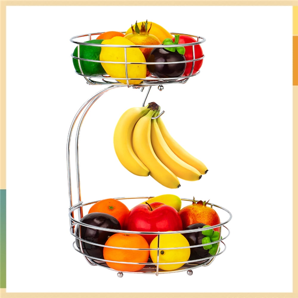2 Tier Metal Wire Fruit Baskets with Banana Tree, Detachable Fruit