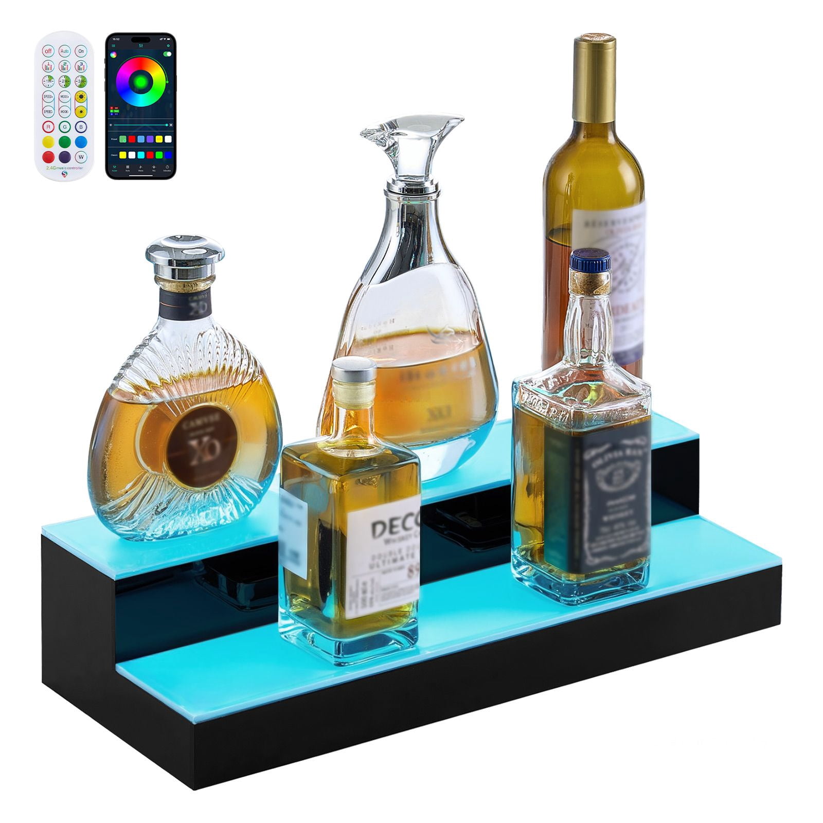 2-Tier LED Lighted Whiskey Rack 20", Acrylic Display Shelf, 9 Static Colors, 22 Dynamic Modes, App & Remote Control, for 10 Bottles Home Bar