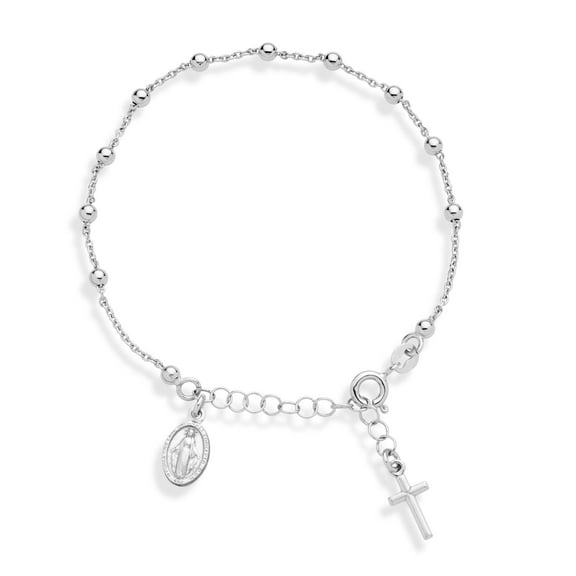 Miabella 925 Sterling Silver Italian Rosary Cross Bead Charm Link Chain Bracelet for Women, Adjustable, Made in Italy (Length 7 to 8 Inch)
