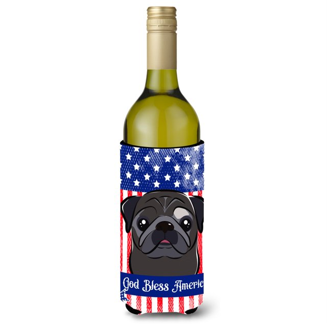 ""Caroline'S Treasures Bb2193Literk """"God Bless American Flag With Black Pug"""" Botella De Vino Hugger Koozie 750Ml Multicolor""
