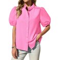 thumbnail image 2 of Womens Puff Sleeve Button Down Shirts Cotton Pleated Loose Fit Tops Summer Dressy Casual Blouses, 2 of 8