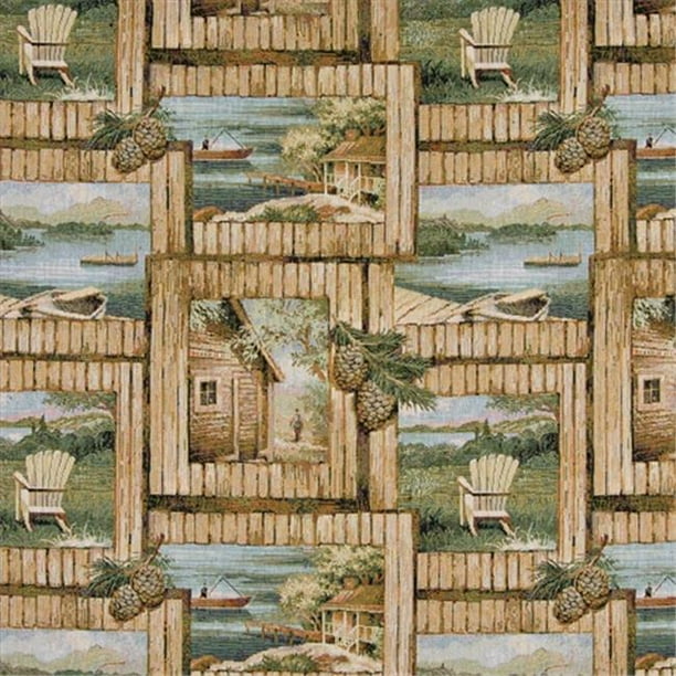 Designer Fabrics A002 54 in. Wide , Cabin Scene With Fishing Boat,  Chair And Acorns, Themed Tapestry Upholstery Fabric 