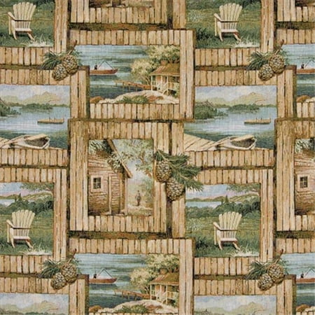 Designer Fabrics A002 54 in. Wide , Cabin Scene With Fishing Boat, Chair And Acorns, Themed Tapestry Upholstery
