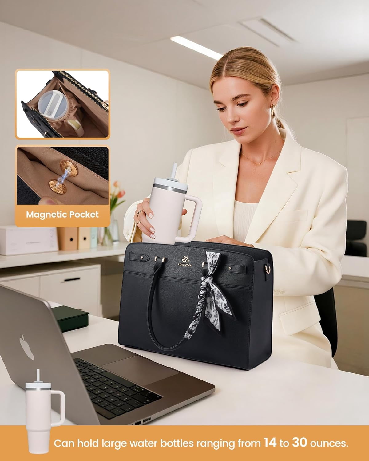 LOVEVOOK Laptop Tote Bag for Women, PU Leather Work Bag Waterproof Briefcase Handbag for Teacher Business with Silk Scarf