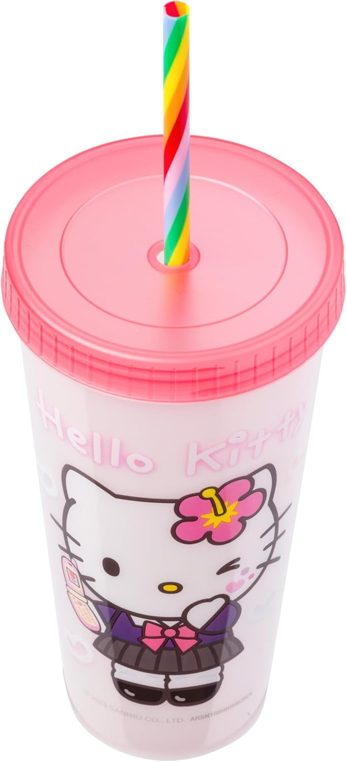 Sanrio Hello Kitty & Friends Color Changing Tumblers - 4-Pack 24oz Plastic Cups With Lid & Straw, Featuring Hello Kitty, My Melody, Badtz-Maru, Cinnamoroll