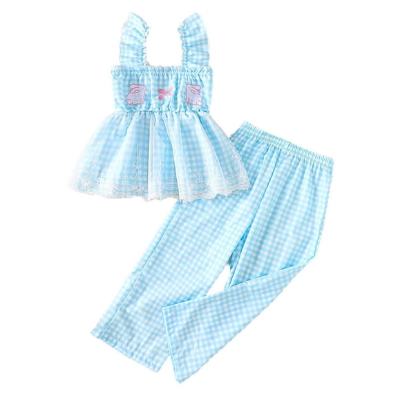 Zanarzt Summer Baby Girl Clothes Toddler Baby Girl Clothes Flying Sleeve Plaid Tops Pants Sets Infant Cute Baby Girl Summer Outfits 2-3 Years,Blue
