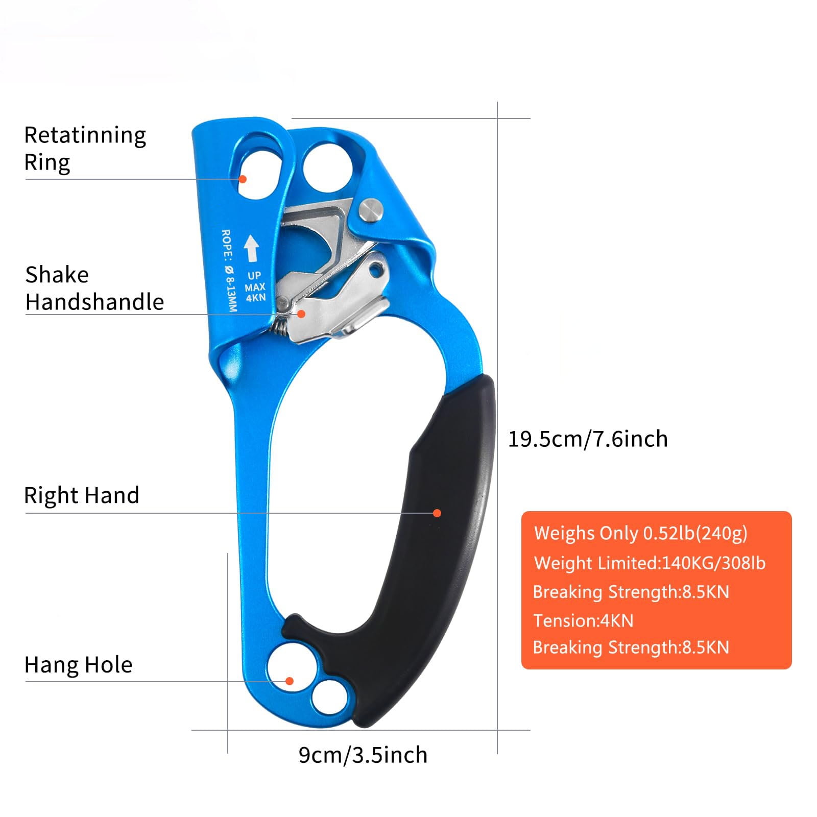 Hand Ascender Rock Climbing Tree Arborist Rappelling Gear Equipment Rope Clamp for 8~13 MM Rope