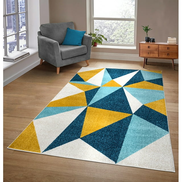 A2Z Amsterdam 171 Rug Navy Blue Mustard Abstract Geometric Colorful Brushed Pattern Modern Contemporary Large Dining Room Area Rug Tapis Carpet (3x5 4x6 5x7 5x8 7x9 8x10)