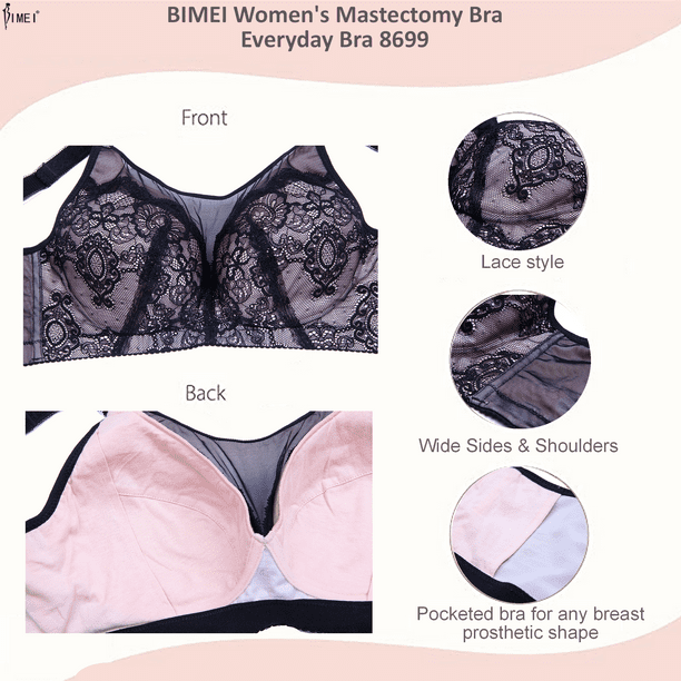 BIMEI Mastectomy Bra with Pockets for Breast Prosthesis Women's Full  Coverage Wirefree Everyday Bra 8418,Black, 38B 