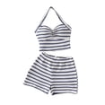 thumbnail image 3 of Girls 2 Piece Summer Outfit Striped Halter Crop Top & Elastic Waist Shorts Casual Breathable Clothes for Kids White Size 8-, 3 of 8