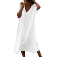 thumbnail image 2 of Plus Size Dresses for Curvy Women Casual Solid Color Short Sleeve V Neck Dress Stitching Loose Womens Casual Dresses White L, 2 of 5