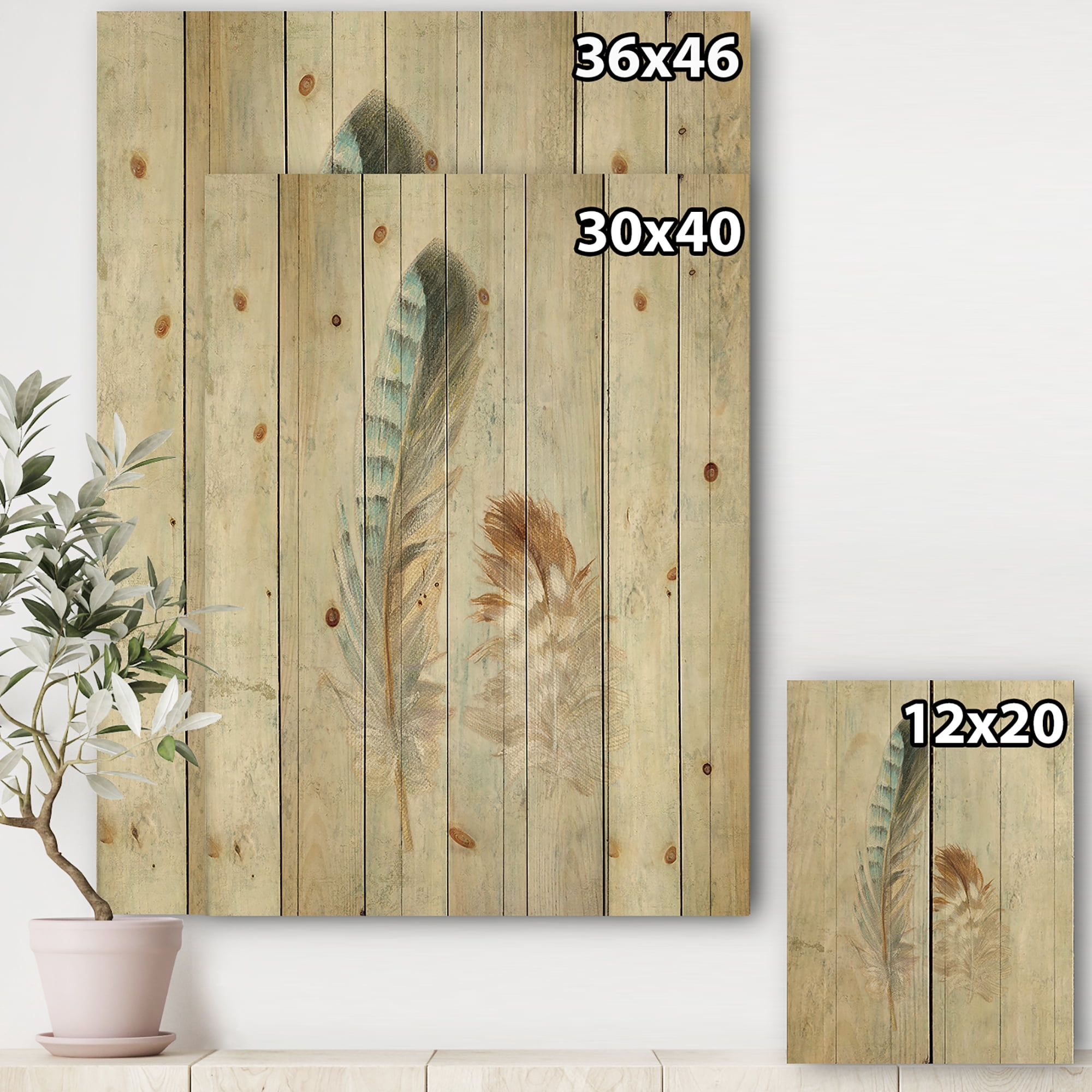 Designart 'Two Natural Feathers on Wood I' Farmhouse Print on Natural Pine Wood