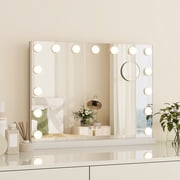 Abble 23''x18'' Large Hollywood Vanity Mirror with 15 Bulbs LED Mirror Lighted Makeup Mirror Wall Mounted & Tabletop White Metal Frame Rectangular mirror, White