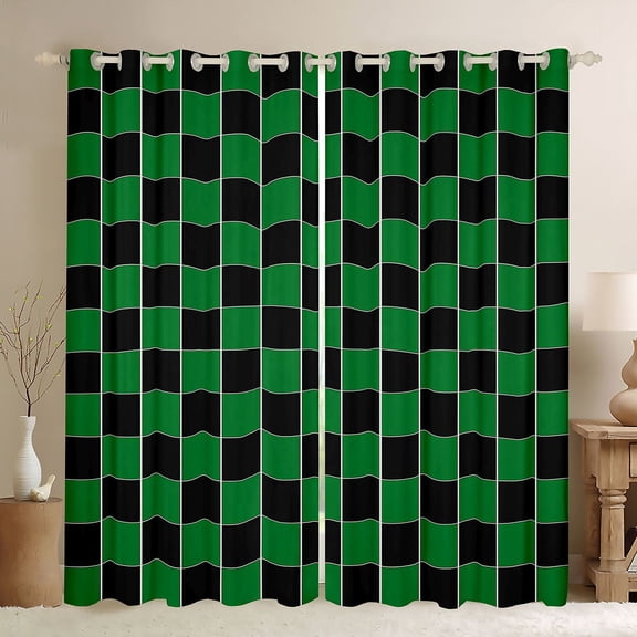jejeloiu Modern Geometric Plaid Curtains Pack of 2 (42x84 Each),Retro Grid Pattern Curtains Blackout,Green Black Bedroom Curtains For Girls Boys,Super Cozy Room Decor