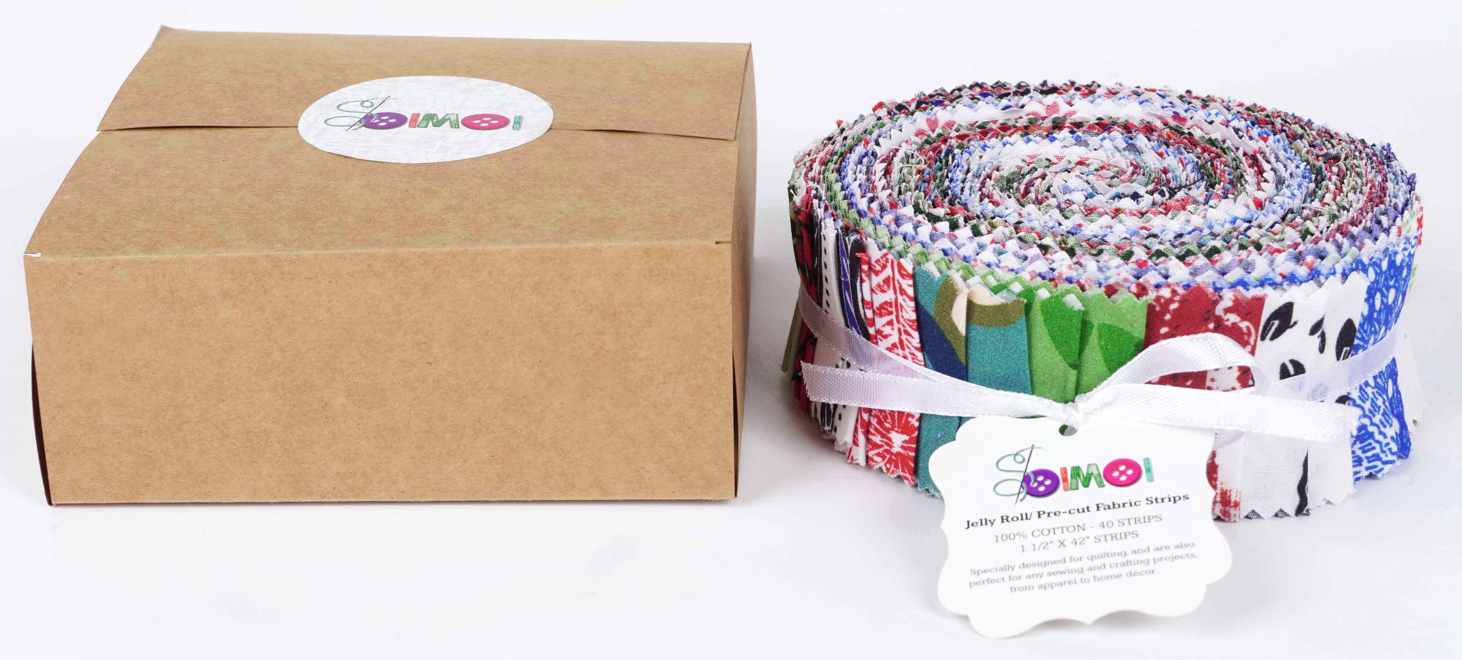 Soimoi 40Pcs Block Print Precut Fabrics Strips Roll Up 1.5x42inches Cotton Jelly Rolls For Quilting - Multicolor