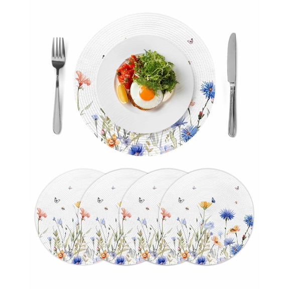 Spring Floral Round 15 Inch Placemats Set of 4, Elegant Butterfly Summer Botanical HeatResistant Non Slip Place Mats for Dining Table, Wipeable Braided Kitchen Table Mats for Housewarming