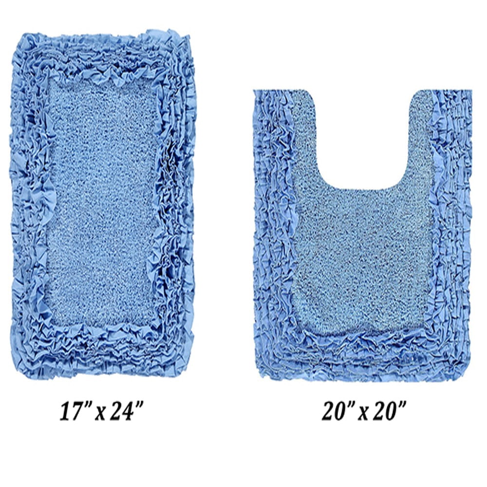 Better Trends 2 Piece Bathroom Rug Set 100% Cotton, Extra Soft, Water Absorbent & Non Slip Bath Mat, Ruffle Border, (Blue) Shaggy Border Collection