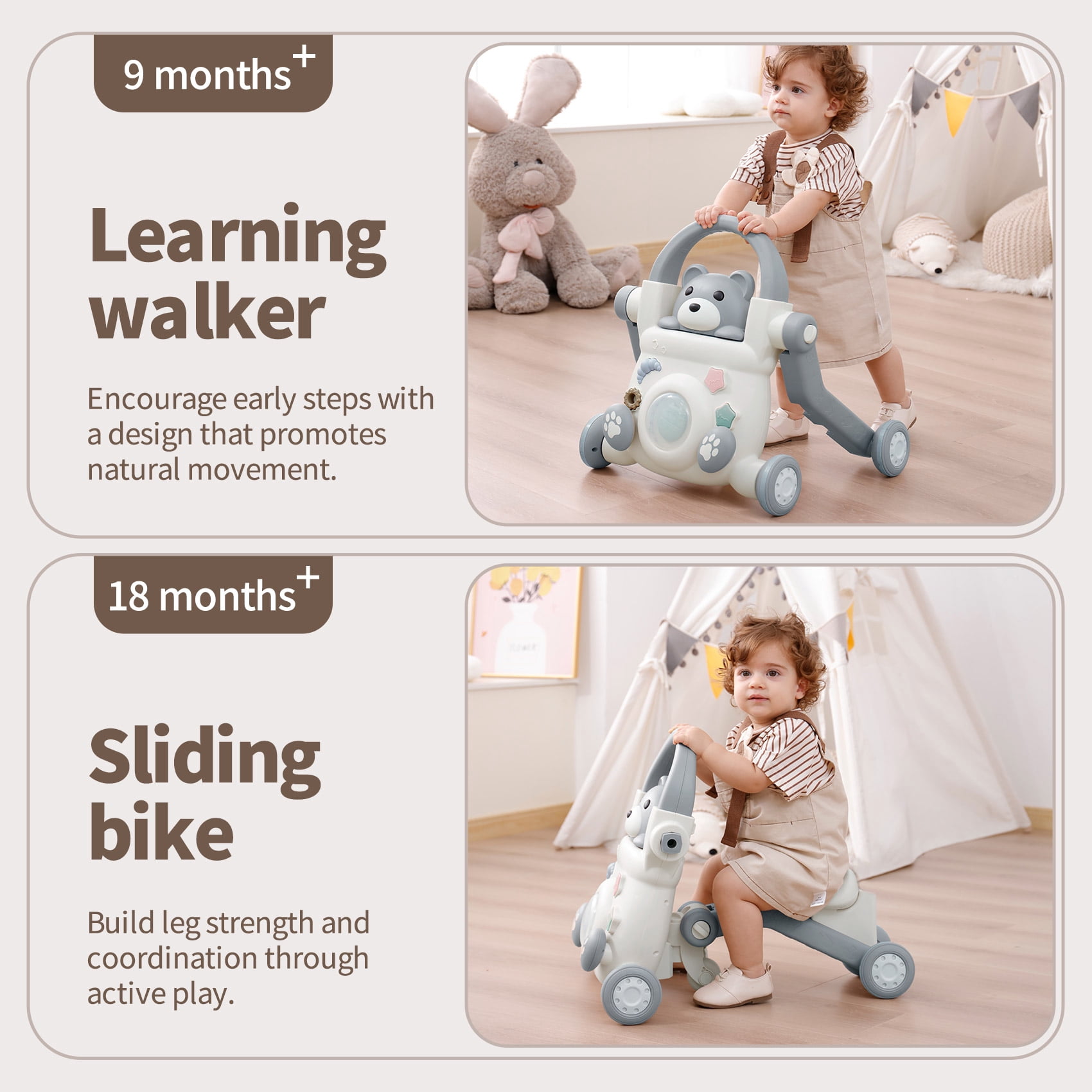 UNICOO® Beginner Steps Companion™ 3-in-1 Baby Sit to Stand Learning Walker, Early Learning Push Toys, Baby Push Walker, Sliding Bike & Push Car, Balance Scooter, Toddler 6-48 (Lulluby Gray)