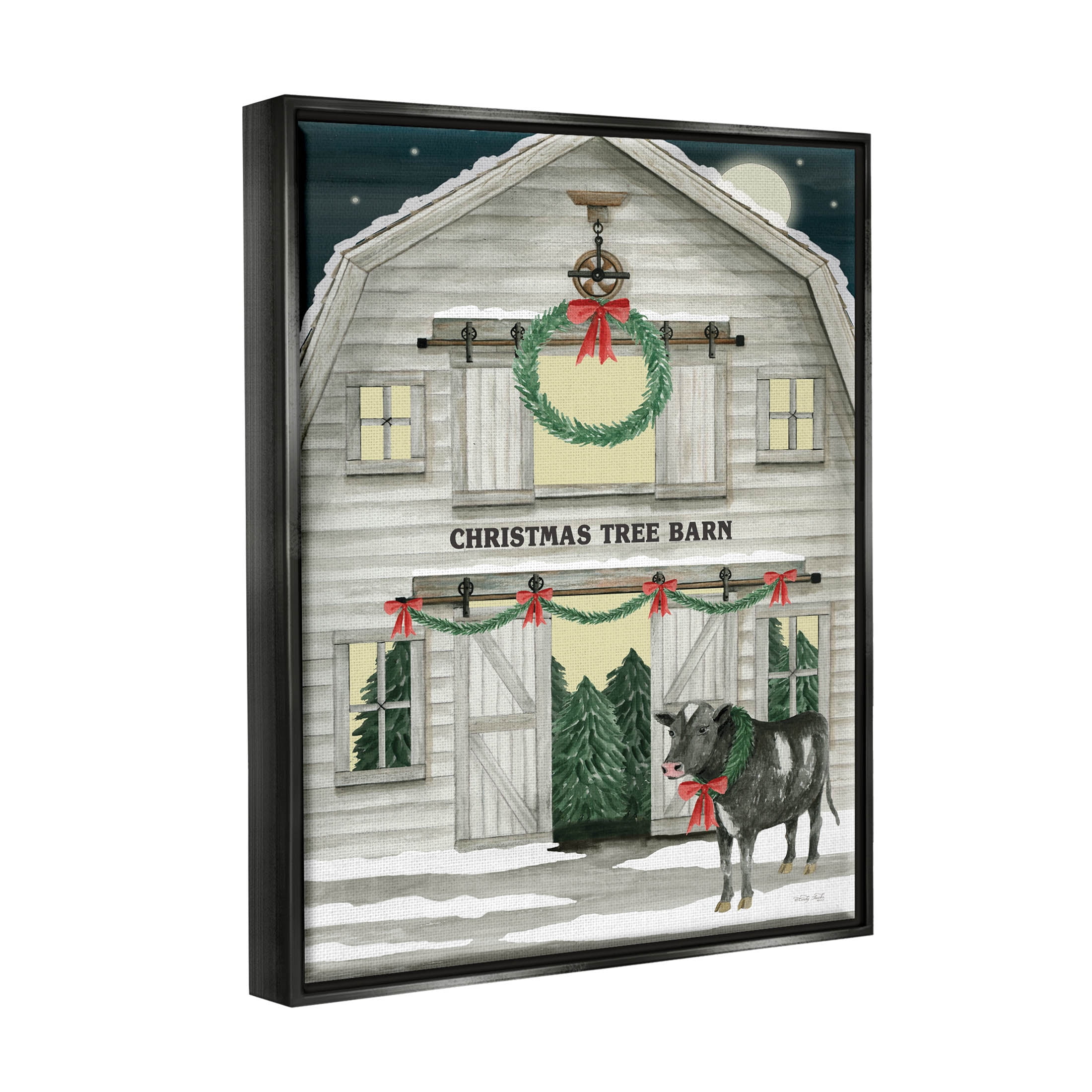 Christmas Tree Barn Rural Countryside Holiday Graphic Art Jet Black Framed Art Print Wall Art