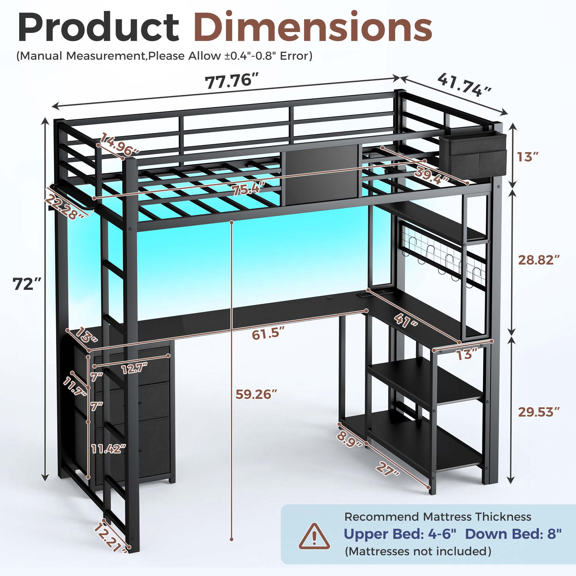 Miniyam Twin Loft Bed with L-Shaped Desk and Storage, LED Light and Charging Station, Black