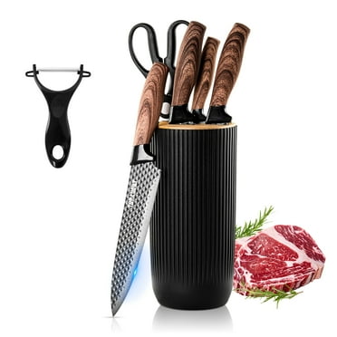 Onekawa 6-Piece Knife Set,Stainless Steel Kitchen Knives with Universal Block for Home,Black