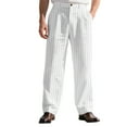 thumbnail image 2 of Dwelliawo Linen Pants Men Baggy Straight Legs Striped Pants Casual Loose Dress Pants Relaxed Fit Summer Beach Trousers with Pockets White S, 2 of 4