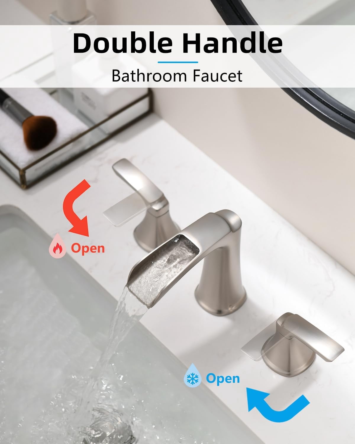 Brushed Nickel Bathroom Faucet 3 Hole, Waterfall 8 Inch Widespread Bathroom Sink Faucet with Pop-up Drain, Two-Handle Faucet for Bathroom Sink