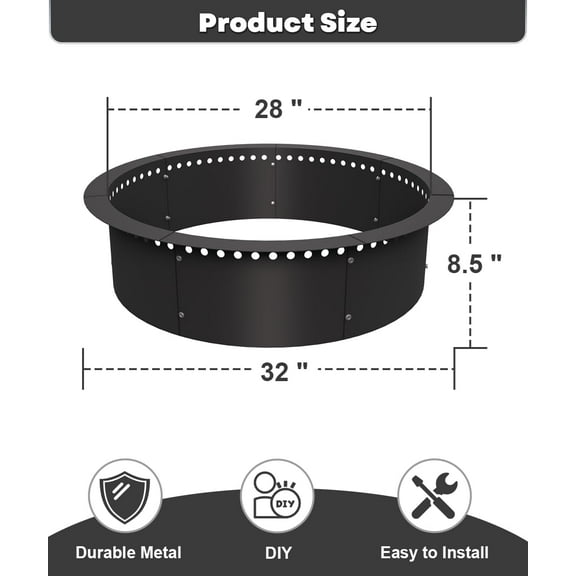28 Inch Smokeless Fire Pit Ring Insert Outdoor, Heavy Duty Metal Steel  Firepit Rim Liner Round Campfire Rings for Outside Wood Burning Above or In-Ground, Black