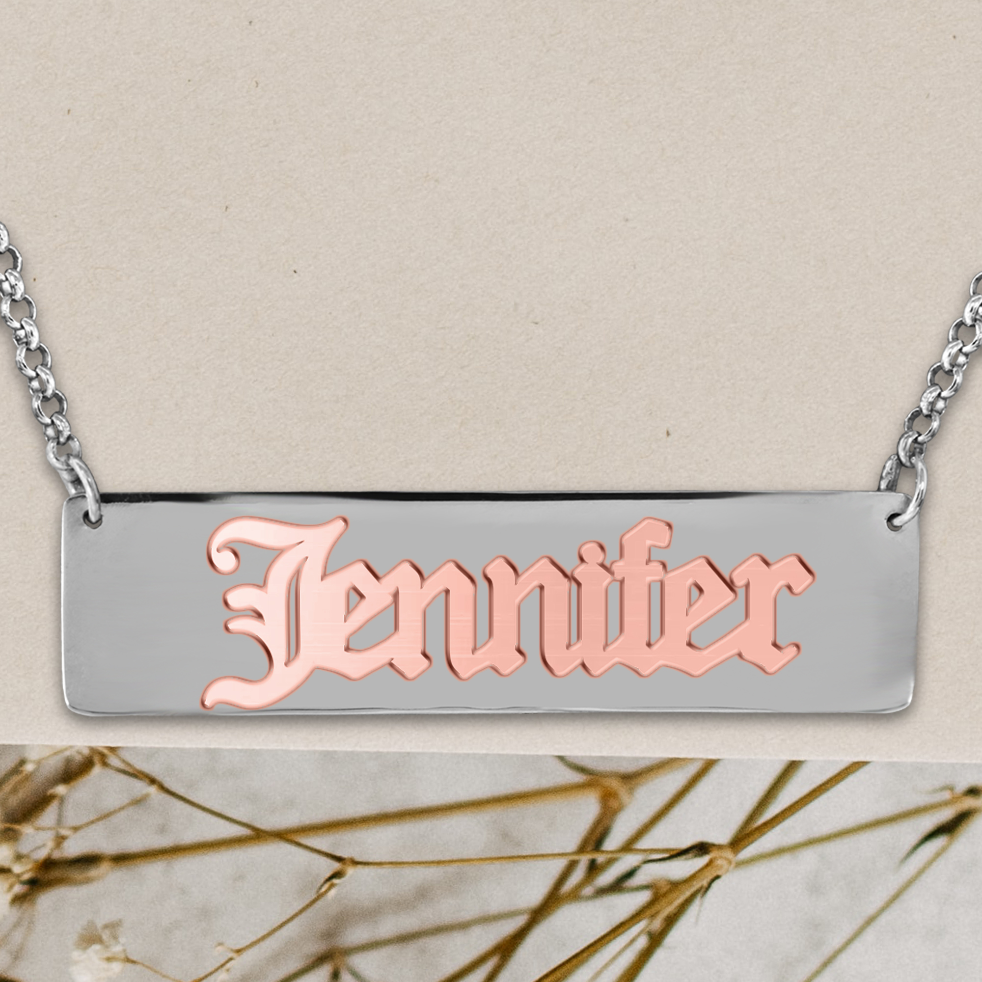 14Kt Solid Rose Gold & Sterling Silver Personalized Old English Name Necklace with Sterling Silver Rollo Chain
