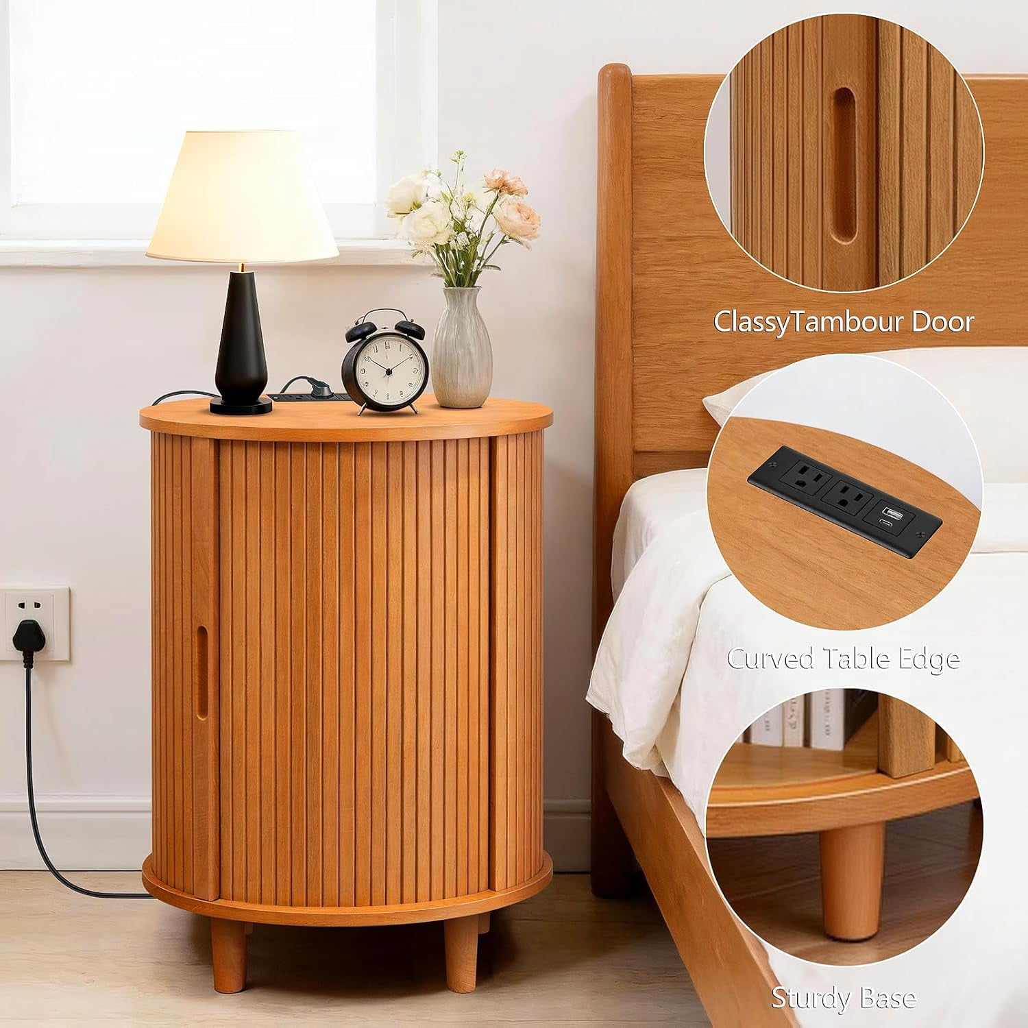Mid-Century End Table Set of 2 with Charging Station & Storage, Sliding Door and Adjustable Shelf, Nightstand for Small Spaces, Living Room, Bedroom, Yellow Walnut