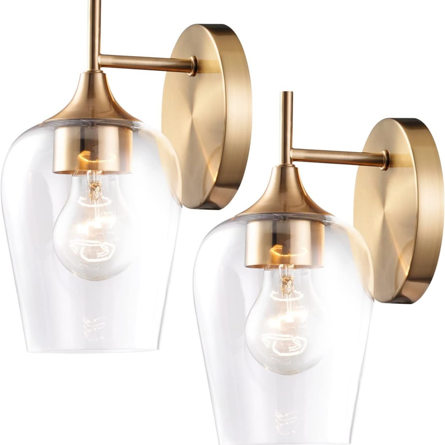 Gold Sconces Wall Lighting Set of 2, Bathroom Wall Lighting Fixtures Brass, Modern and Vintage Wall Lights with Clear Champagne Glass Shade for Bedroom,Fireplace,Hallway,Kitchen
