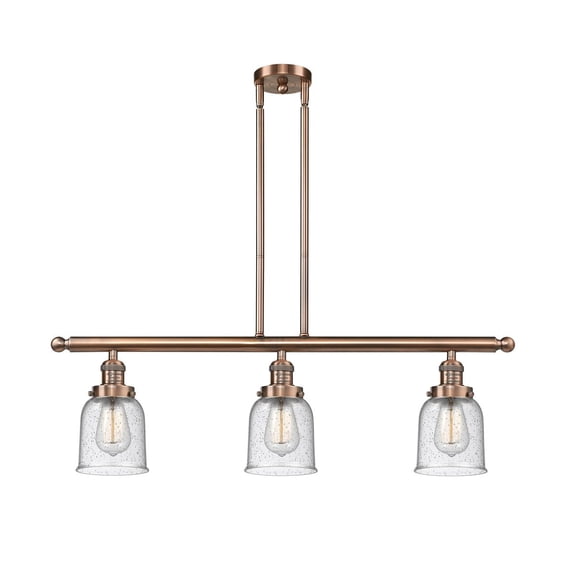 Small Bell Antique Copper Three-Light LED Island Pendant with Seedy Bell Glass