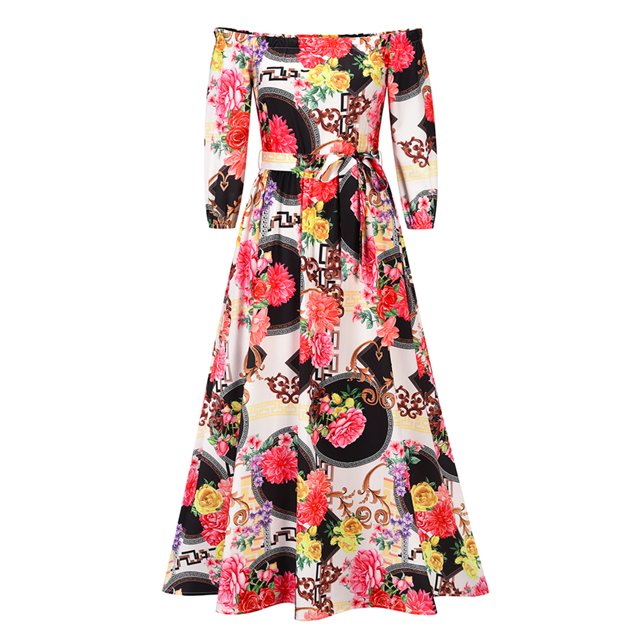 Sunloudy Vestido de manga larga casual para mujer, estampado a la moda, cuello de barco, vestido largo con cinturón Sunloudy moda